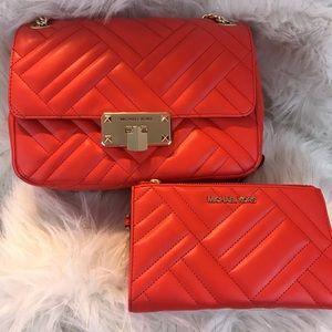 Michael Kors Vegan / Faux Leather Orange Crossbody Shoulder Bag + Wallet Set